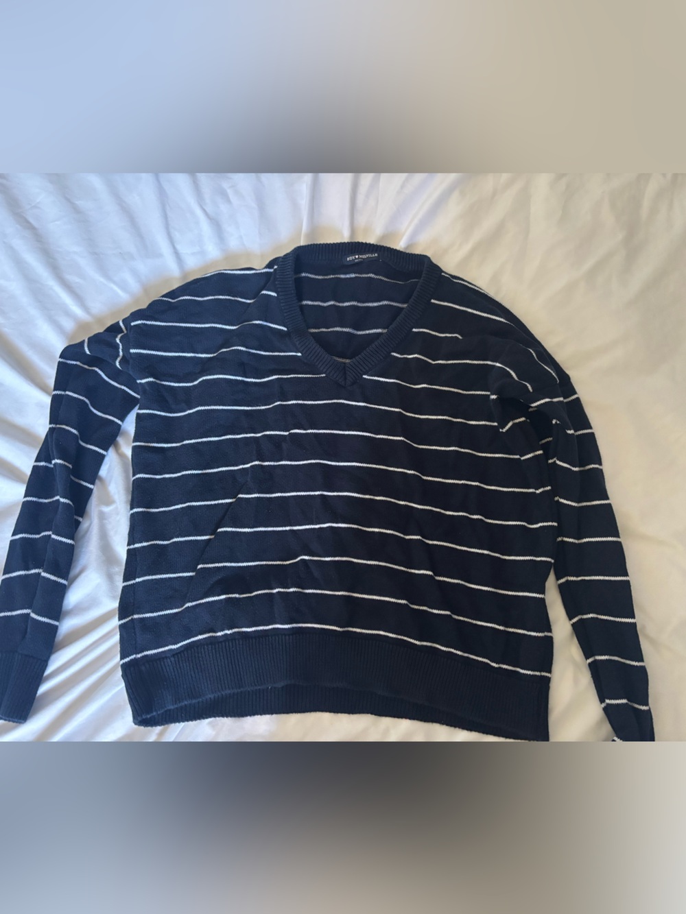 Brandy Melville Navy Blue and White Striped V-Neck Sweater